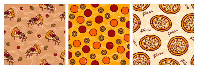 Set of patterns with illustration of pizza slices, topping, tomato, beef, and olive. Colorful pizza seamless pattern in Retro style