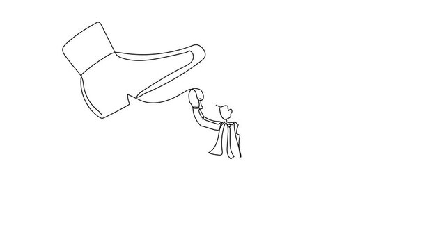 Animated self drawing of continuous line draw brave businessman punching uppercut under big foot stomp. Male employee against dictatorial boss. Minimalist metaphor. Full length single line animation