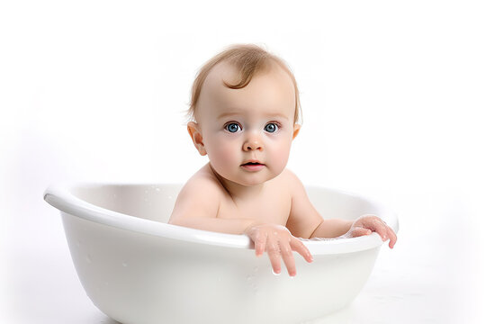Baby sitting in a Bathtub isolated on white background. Fictional person, no real people. Generative AI