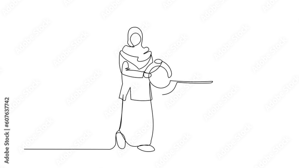 Poster self drawing animation of single line draw arab businesswoman put key into cloud. internet storage. 