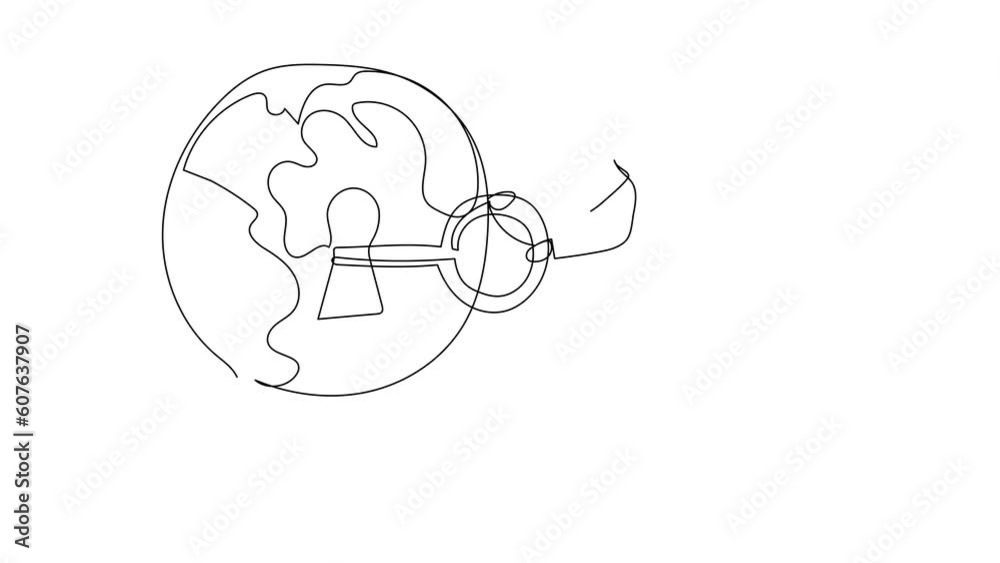 Poster self drawing animation of single line draw arabian businesswoman put key into globe. save world from