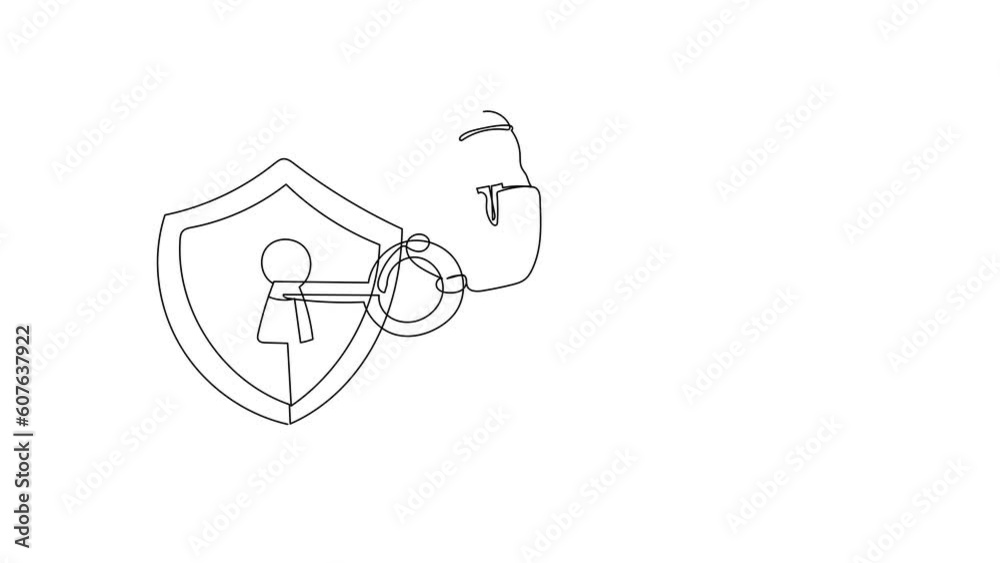 Poster self drawing animation of single line draw arab businessman putting big key into shield. internet se