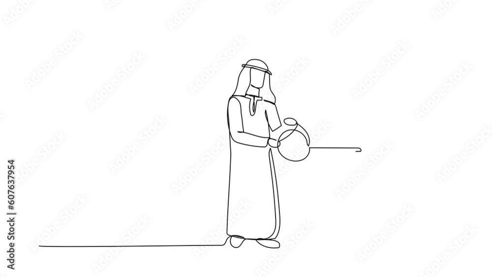 Poster animated self drawing of continuous line draw arab businessman putting key into folder. document pro