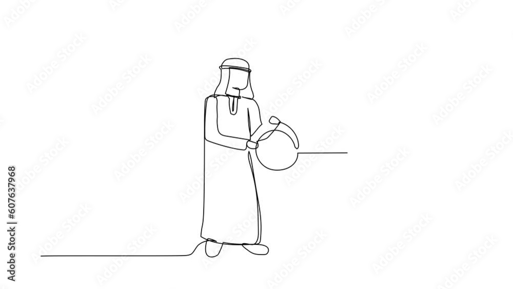 Poster animated self drawing of continuous line draw arab businessman putting key into cloud. safety storag