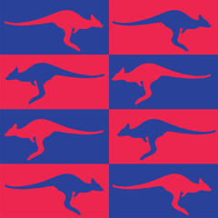 Geometric pattern of blue and red rectangles and kangaroos. Seamless vector illustration for various prints.