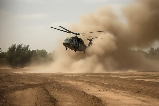 Military Helicopter Landing In Rough Terrain. Generative AI