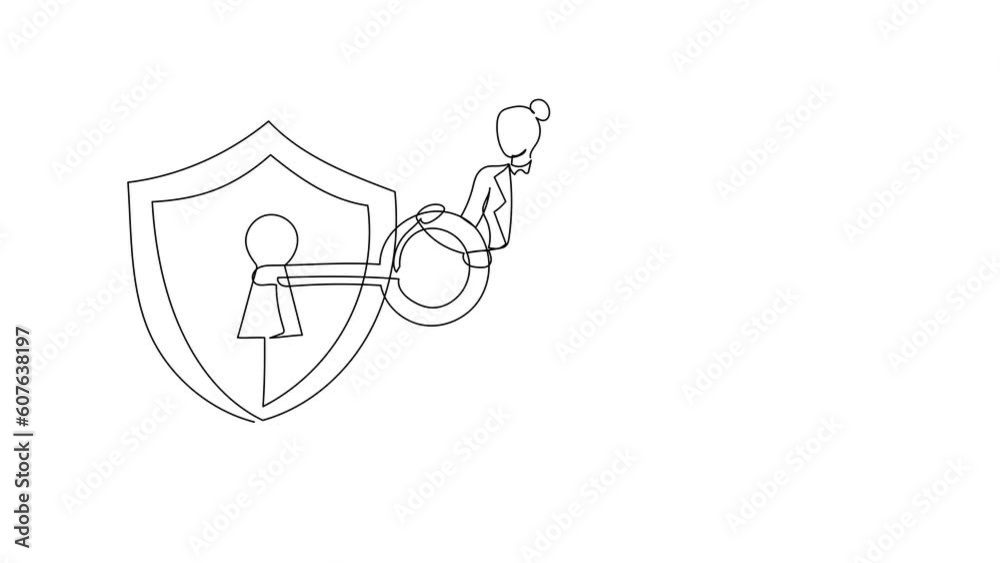 Poster animated self drawing of continuous line draw businesswoman put key into shield. security. encryptio