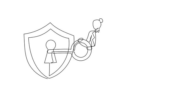 Animated self drawing of continuous line draw businesswoman put key into shield. Security. Encryption, encoding digital currency data, finance security and protection. Full length one line animation