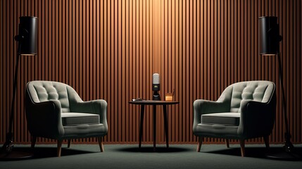 Two chairs and spotlights in podcast or interview room on dark background. Generative ai