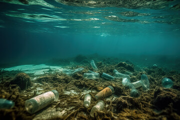Fototapeta na wymiar An image of trash plastic bottles drifting in the ocean. Generative AI