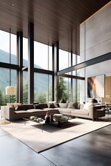 Showcasing a panoramic view through large floor-to-ceiling windows, this image invites viewers to imagine themselves enjoying a peaceful moment in this modern oasis