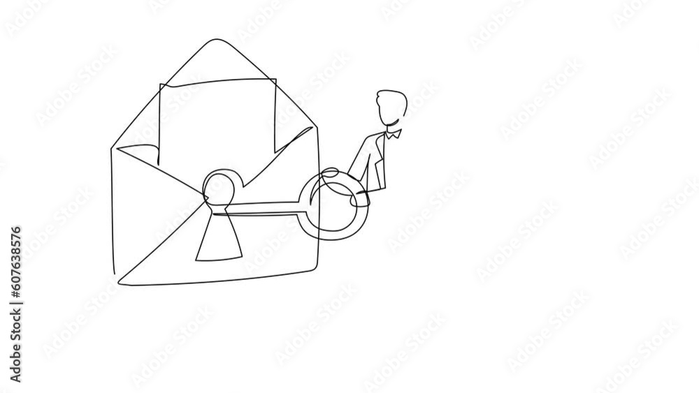 Poster animated self drawing of continuous line draw smart businessman putting big key into mail. message o
