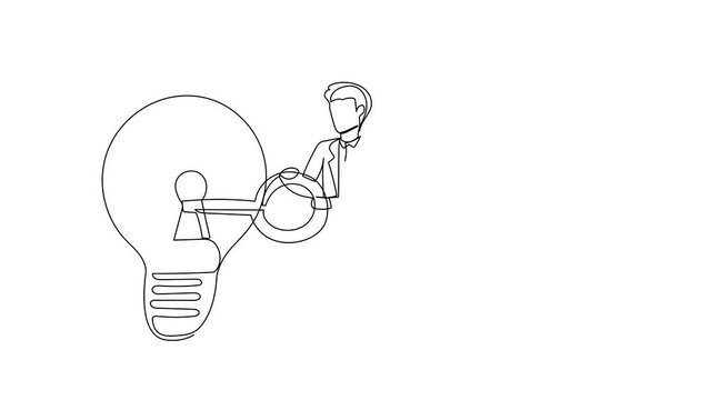 Animated self drawing of continuous line draw businessman putting big key into light bulb. Unlock new business idea, invent new product or creative thoughts concept. Full length single line animation