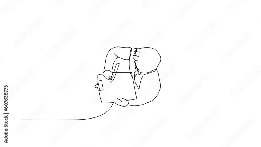 Poster self drawing animation of single line draw top view businessman writes completed checklist on clipbo