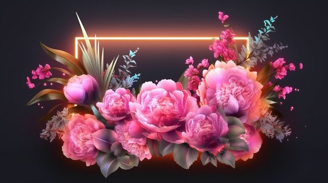 Vintage flowers with pink neon frame. Generative ai
