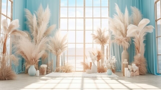 Wedding or birthday hall in boho decor with pampas and floral arrangements. Generative ai