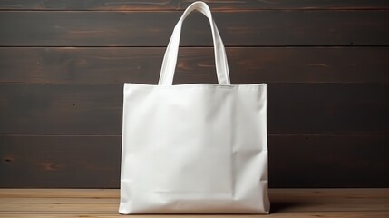 White blank empty cotton tote bag on wooden background. Generative ai