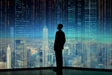 Side View of Businessman Looking at Data Report on a Big Wall with Cityscape Background