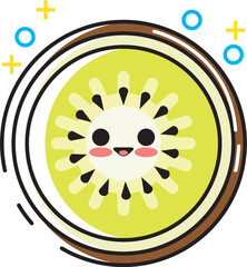 a flat vector kiwi design with smiling eyes and mouth, this design can have a fruit theme with additional elements