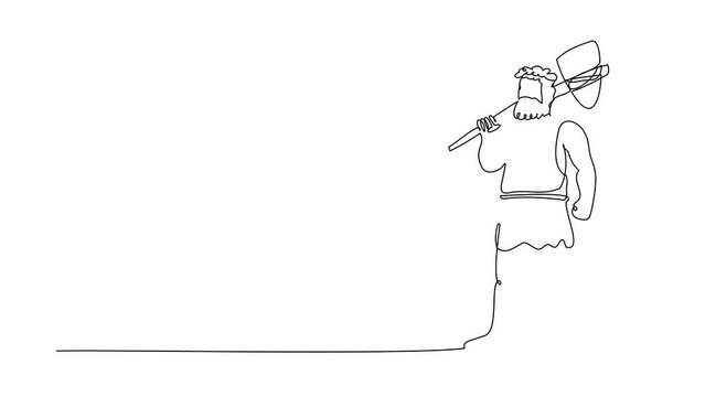 Animated self drawing of continuous line draw prehistoric man holding stone axe on shoulders. Stone age primitive caveman hunter in animal hide pelt with stone axe. Full length single line animation