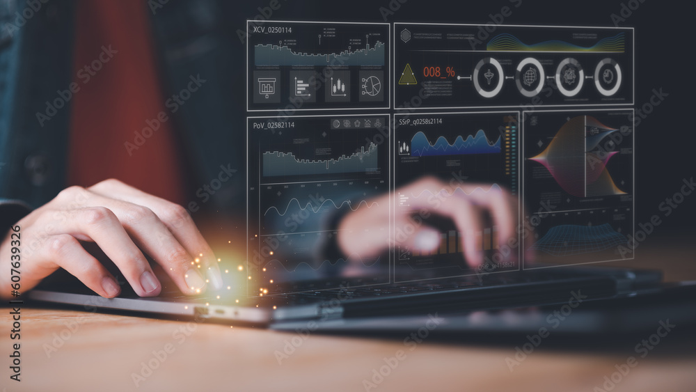 Poster Businessman reading graph report and business statistics charts ,Analysis and improvement of corporate strategy,manage financial and marketing documents ,Statistics and Data Concepts ,growth graph