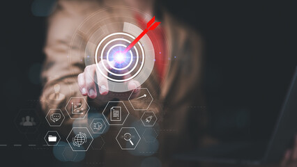 man showing business goal setting concept ,Target Growth development planning ,Organizational growth and objectives ,marketing strategy planning ,improving business objectives ,Target customers