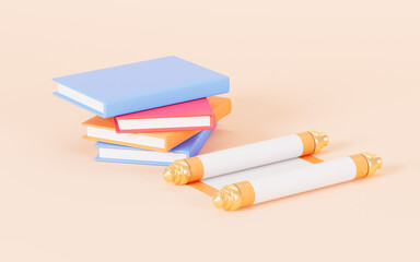 Cartoon books and scroll in the yellow background, 3d rendering.