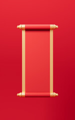 Red empty opening scroll on the red background, Spring Festival theme, 3d rendering.