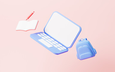 Cartoon schoolbag and laptop on the pink background, 3d rendering.