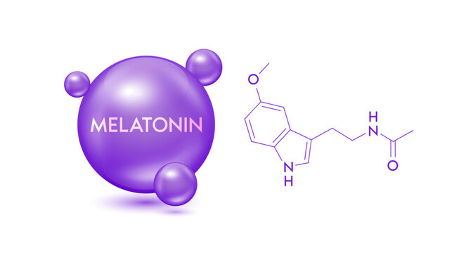 Melatonin model purple and structural chemical formula. Symbol 3D icon isolated on white background. Hormone melatonin promote deep sleep. Medical scientific concepts. Vector EPS10 illustration.
