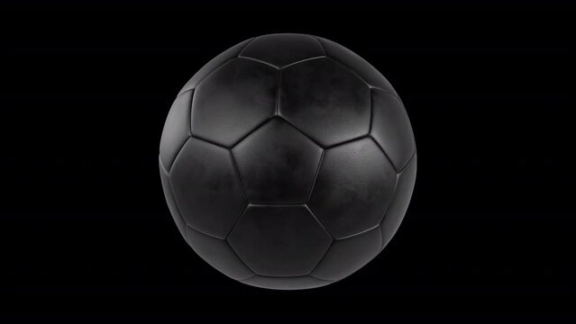 Black 3D Soccer Ball with Leather Material Rotating on Transparent Background - Alpha Channel and Loop