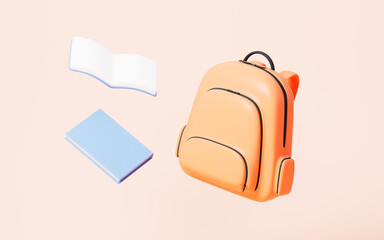 Cartoon schoolbag and books on the yellow background, 3d rendering.
