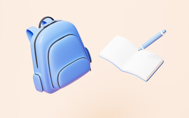 Cartoon schoolbag and books on the yellow background, 3d rendering.