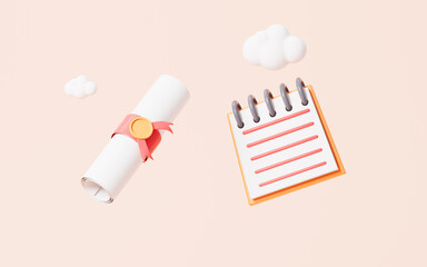 Cartoon scroll and notepad on the pink background, 3d rendering.