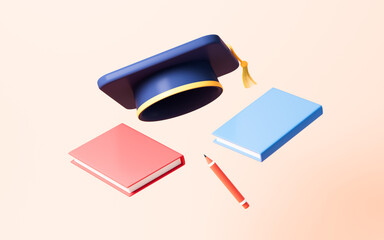 Fototapeta na wymiar Graduate cap and books on the yellow background, 3d rendering.