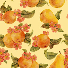 seamless pattern with watercolor drawing apple and pear tree branch with fruits, flowers and leaves, hand drawn illustration