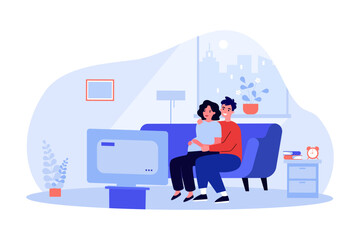 Husband hugging pregnant wife on sofa while watching TV at home. Happy married couple watching television together vector illustration. Family, love, pregnancy, relaxation concept