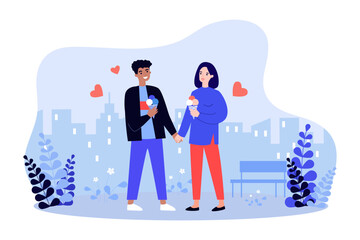 Happy boyfriend and girlfriend eating ice cream in park. Interracial couple holding hands and eating sweet snacks vector illustration. Food, desserts, outdoor activity, love, summer concept