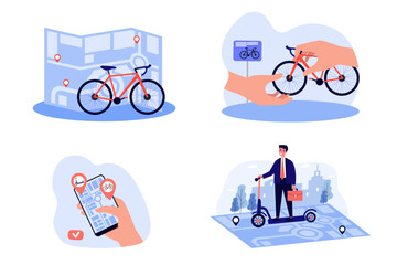 Bicycle and electric scooter rental vector illustrations set. Urban transport rental mobile apps, city map with bike, hand holding bicycle, businessman with scooter. Transportation, mobility concept