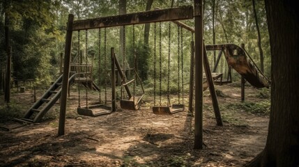 an old abandoned playground with dilapidated swings in the forest. Generative AI