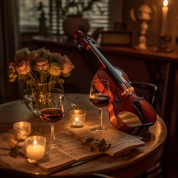 Um jantar romântico à luz de velas com vinho e música. Generative ai