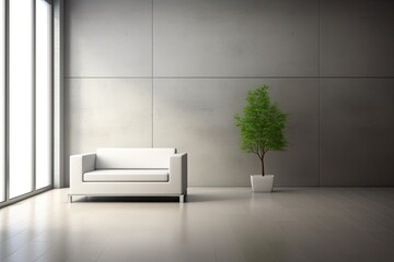 Minimalist White Couch with a Potted Plant in the Corner Generative AI