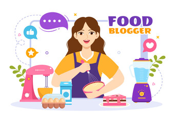 Food Blogger Vector Illustration with Influencer Review and Share it on the Blog in Flat Cartoon Hand Drawn Landing Page Background Templates
