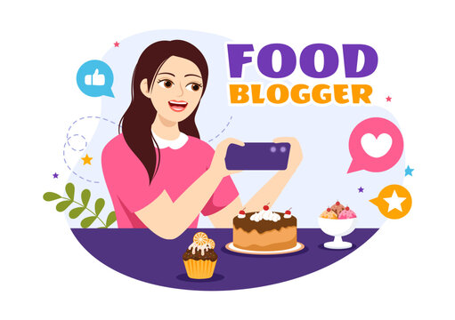 Food Blogger Vector Illustration with Influencer Review and Share it on the Blog in Flat Cartoon Hand Drawn Landing Page Background Templates