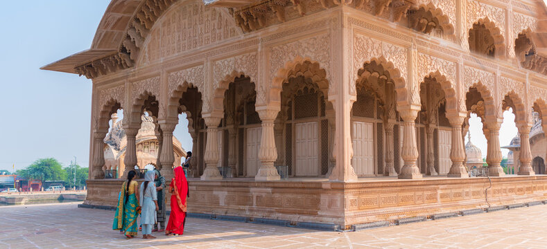 panorama from several photos, sacred place kusum sarovar on govardhan hill, temple in india, place of pilgrimage