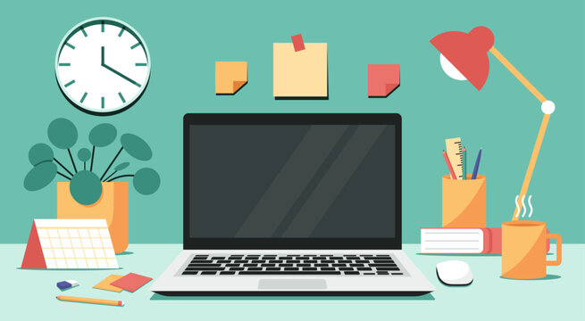 home office workspace concept, blank screen laptop computer on table with mouse, book, cup, pencil holder, lamp, calendar, and plant on desk, and post it note, clock on wall, vector flat illustration