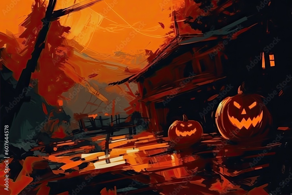 Sticker spooky Halloween night with glowing pumpkins and eerie moon Generative AI