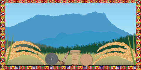 landscape with mount Kinabalu in the background, paddy field in the middle ground, and handicrafts and paddy in the foreground. Cross stitches are also used to decorate. Suitable as a stage backdrop - obrazy, fototapety, plakaty