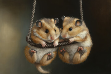 Two hamsters are captured in a moment of pure joy as they dangle from a tiny rope swing. 
