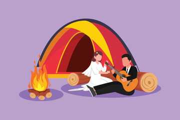 Cartoon flat style drawing of married couple with wedding dress sitting by campfire next to camp tent. Man playing music on guitar, girl listen and singing together. Graphic design vector illustration